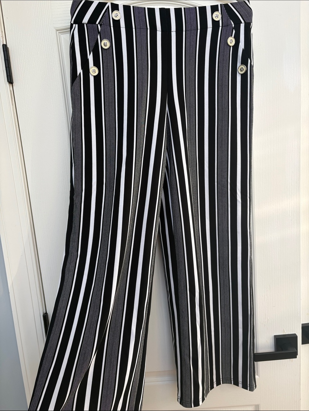 Black & White Vertical Stripe Wide-Leg Pants with Button Detail